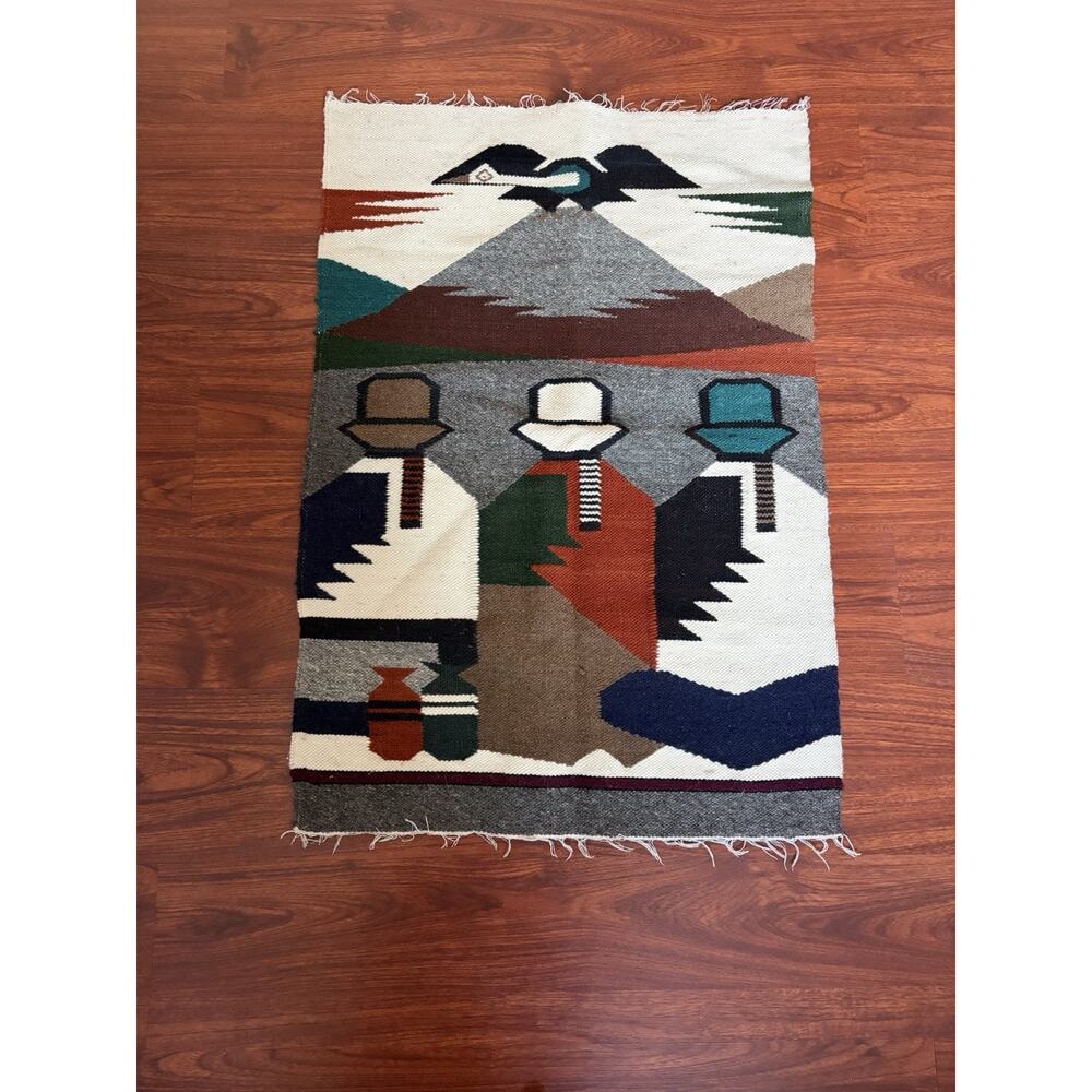 Vintage Ecuadorian Wool Tapestry Abstract Women And Mountain Landscape 25” X 38”